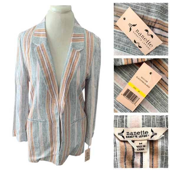 Nanette Lepore Linen Blend Long Sleeve Striped Open Front Blazer Sz Medium NWT - Picture 7 of 9